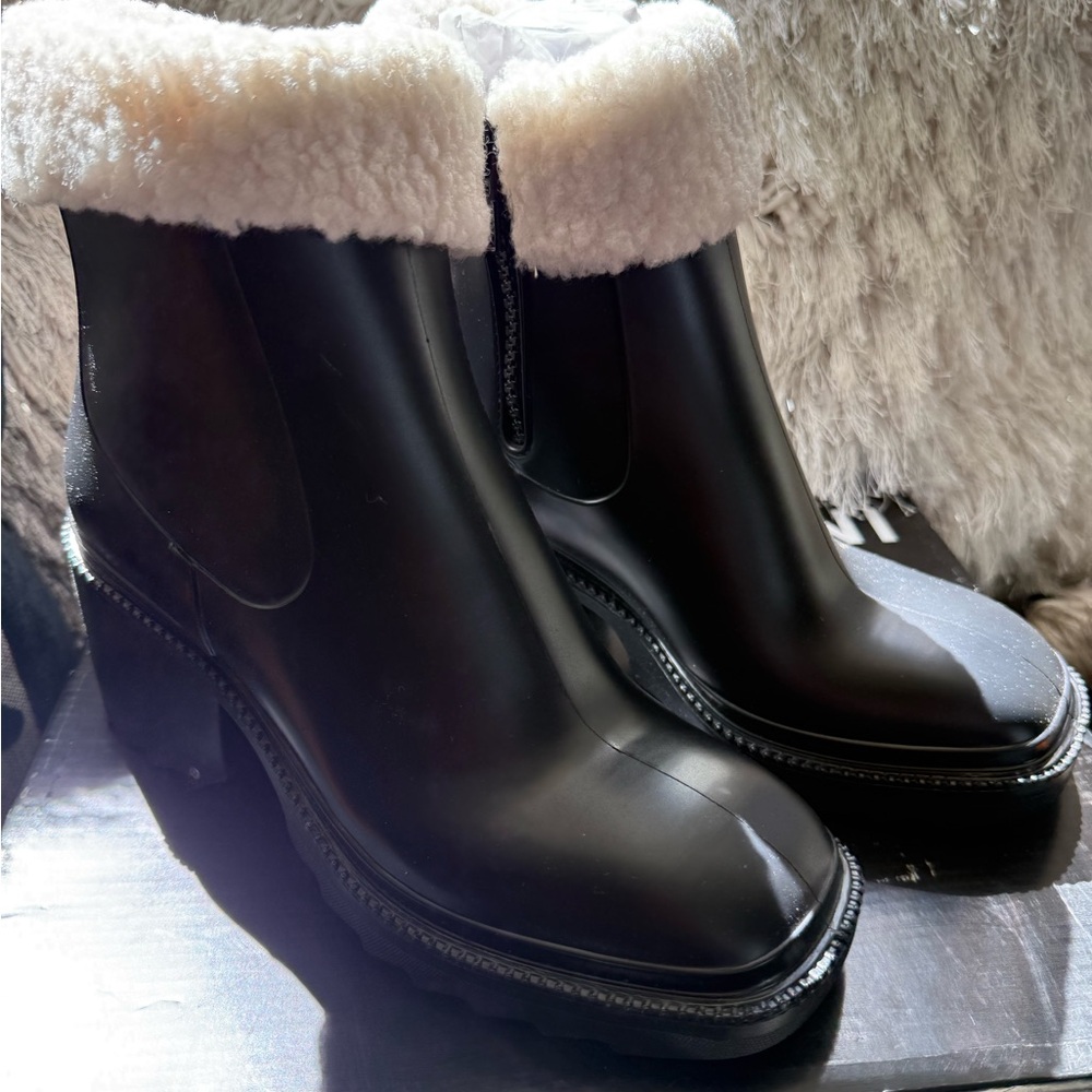 INC Black Rain Boot Ankle Boots with Cream Faux Fur Cuff